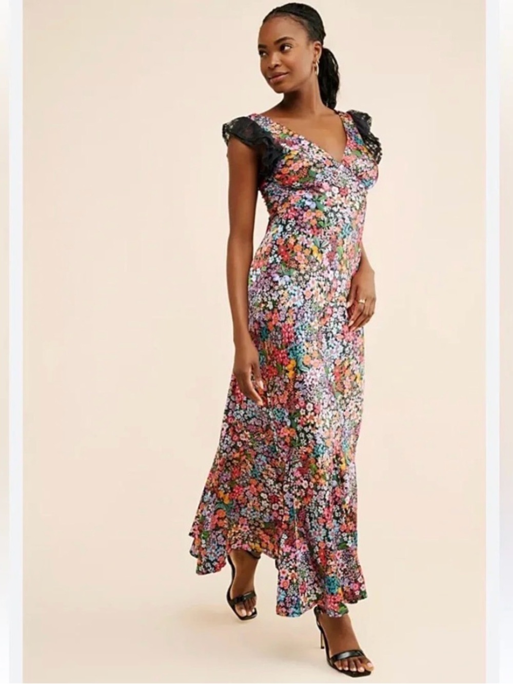 Beach Riot Elodie Black Multi Floral Lace Flutter Sleeve Maxi Slip Dress Small